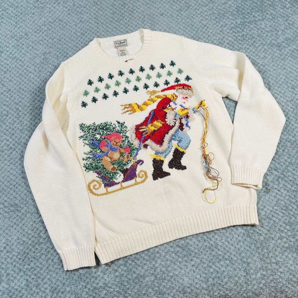 Vintage L.L. Bean Cream Hand Embroidered Santa Christmas Tree Print Crew Sweater
